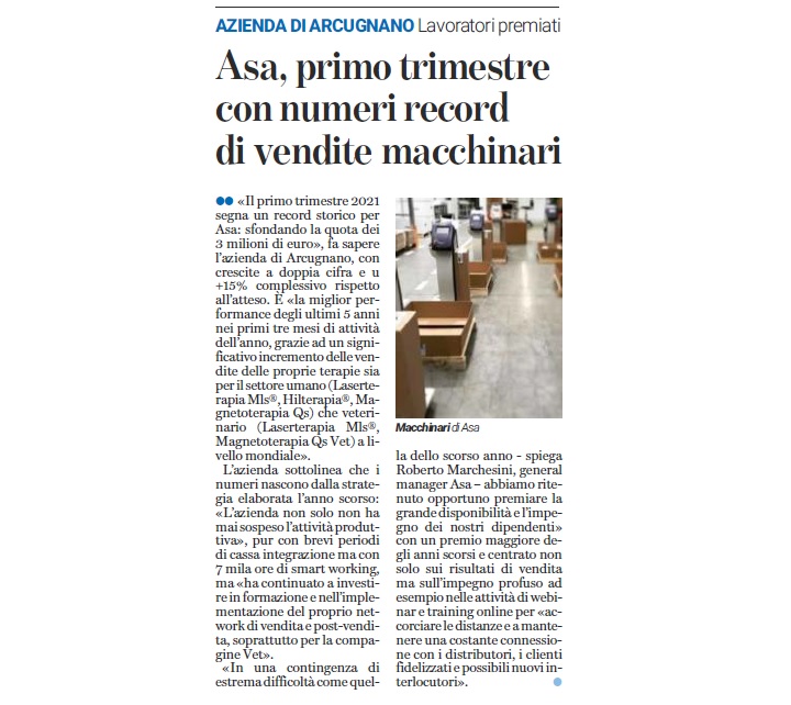 Giornale di Vicenza - ASA trimestre record 2021