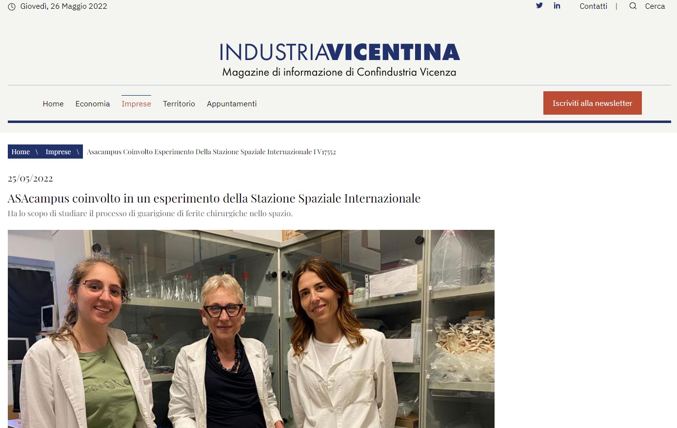Industria Vicentina - ASAcampus nell'esperimento Suture in Space