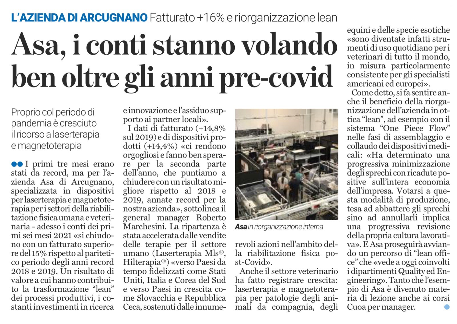 ASA sul Giornale di Vicenza - Fatturato e produzione record 2021