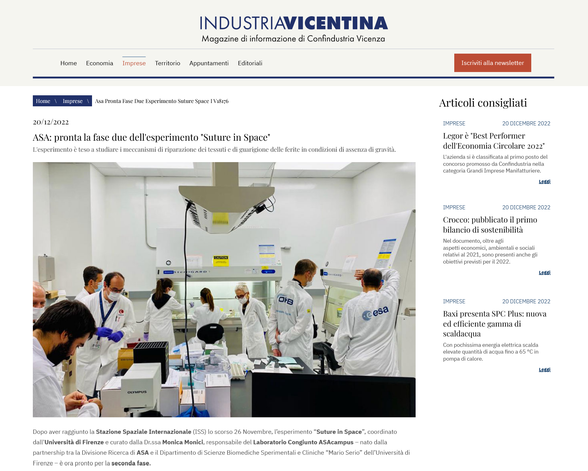 Industria Vicentina - ASA: pronta la fase due dell'esperimento "Suture in Space"
