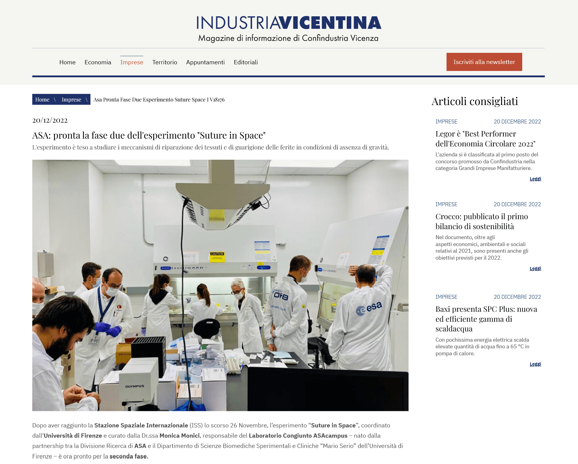 Industria Vicentina - ASA: pronta la fase due dell'esperimento "Suture in Space"