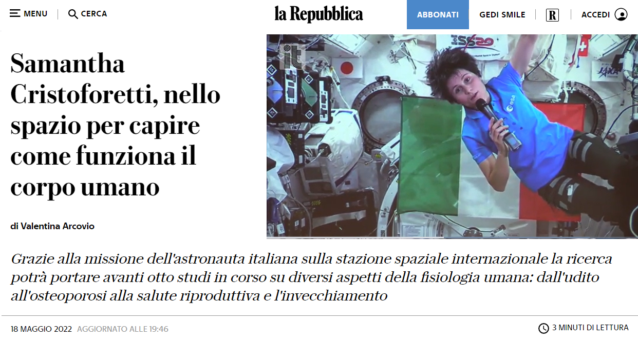 Repubblica.it - Astrosamantha e la missione Suture in Space